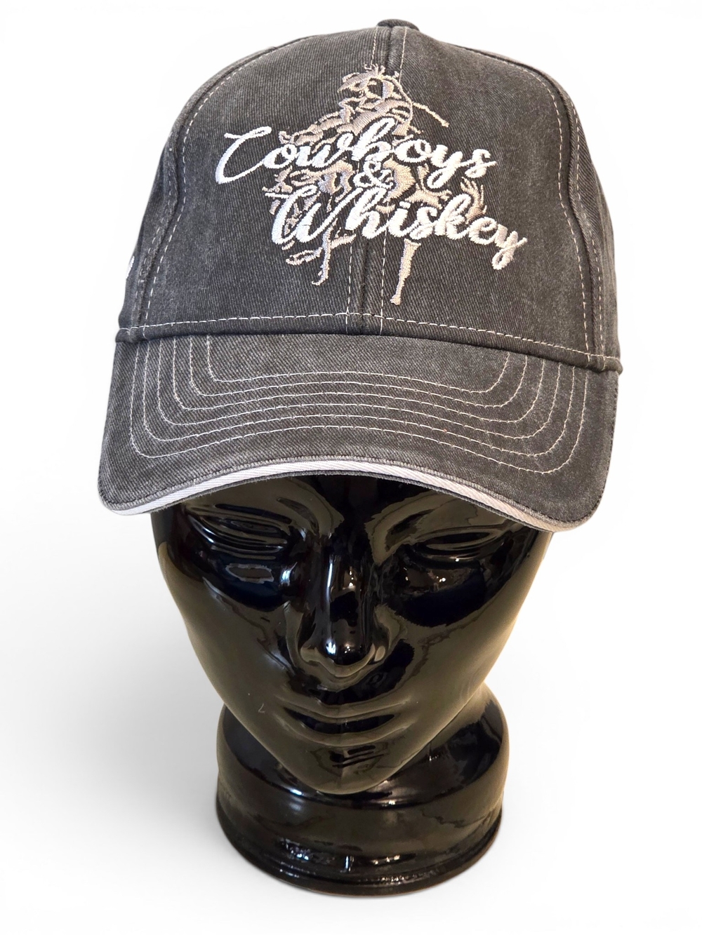 Cowgirl Hardware Cowboys & Whiskey Gray Distressed Denim Snapback Baseball Hat